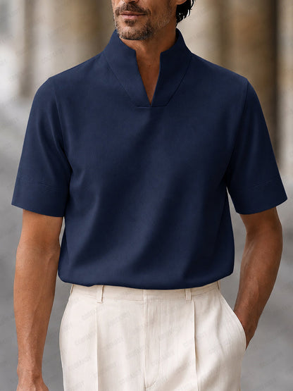 Heren polo Korte Mouw met Staande Kraag en V-hals Marineblauw