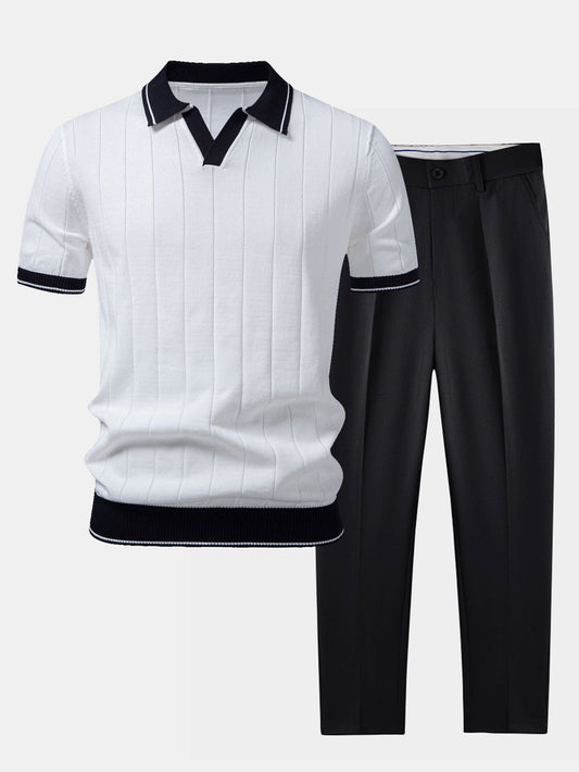 Heren Polo Korte Mouw met V-hals en Slim Fit Broek Set Wit