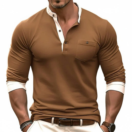 Heren polo Lange Mouw met Opstaande Kraag en Borstzak Slim Fit