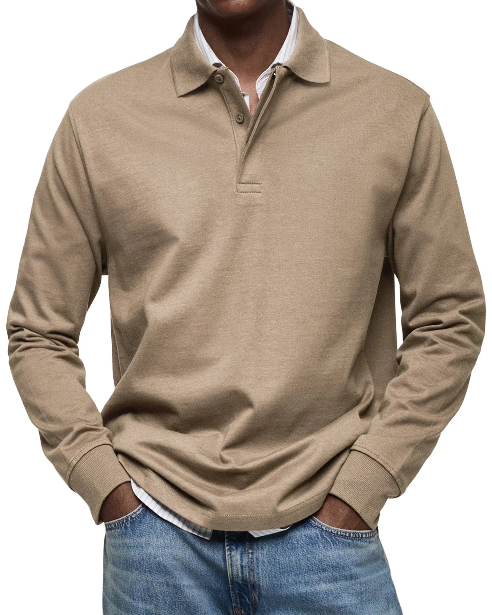 Heren Polo Lange Mouw met Polokraag en Knoopsluiting Beige