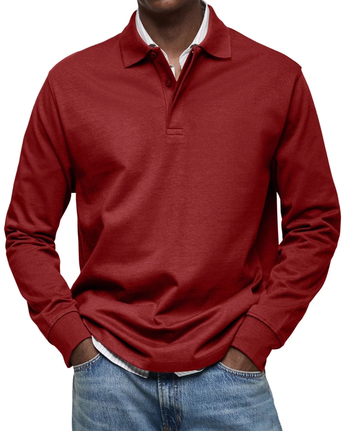 Heren Polo Lange Mouw met Polokraag en Knoopsluiting Rood