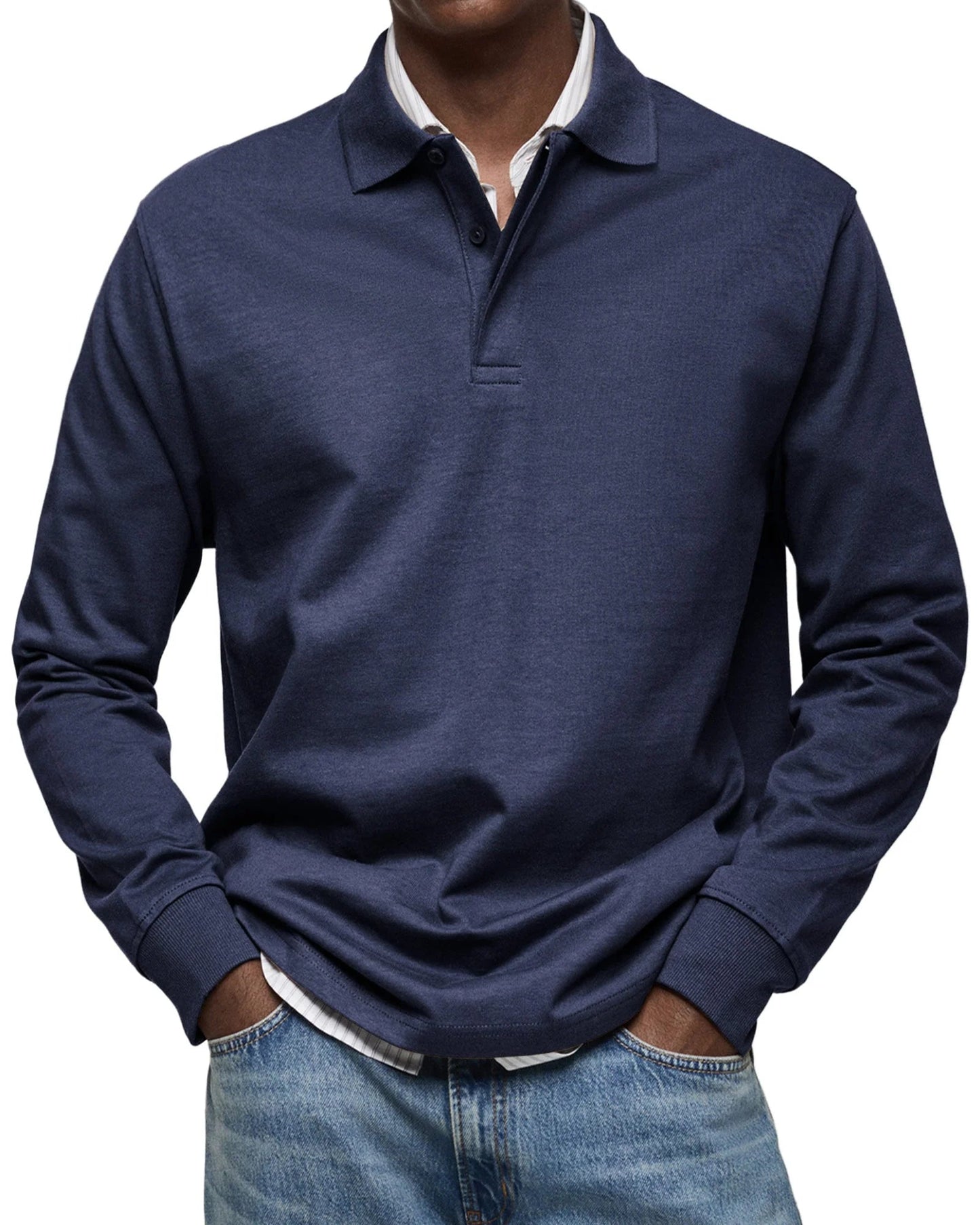 Heren Polo Lange Mouw met Polokraag en Knoopsluiting Marineblauw