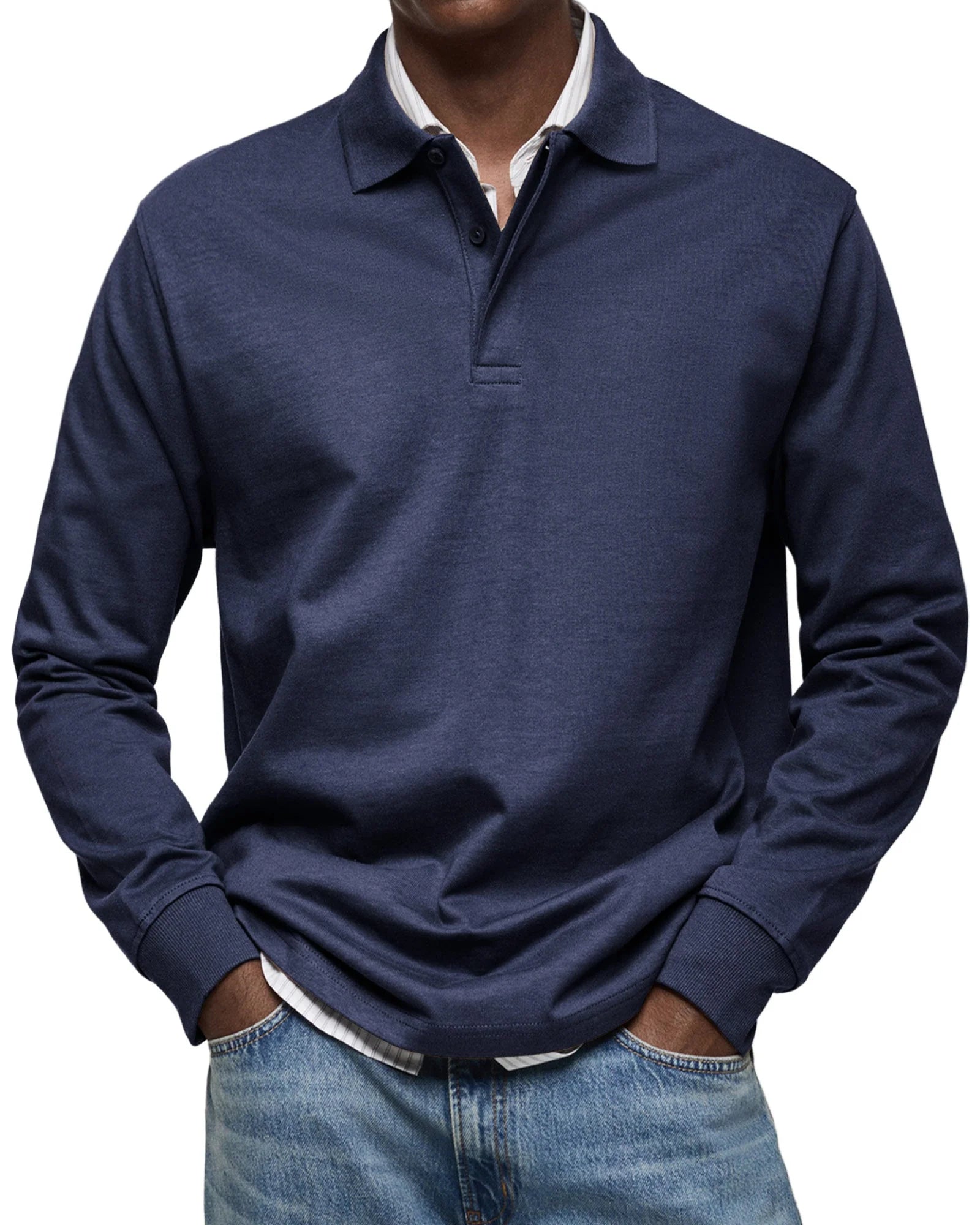 Heren Polo Lange Mouw met Polokraag en Knoopsluiting Marineblauw