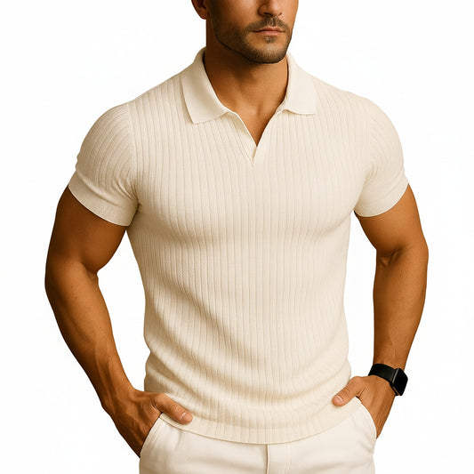 Heren Polo met Korte Mouw, Open V-hals en Slim Fit