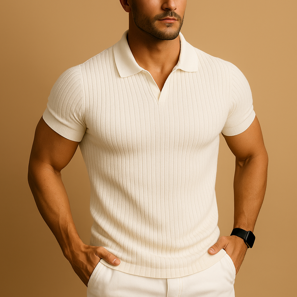 Heren Polo met Korte Mouw, Open V-hals en Slim Fit Wit