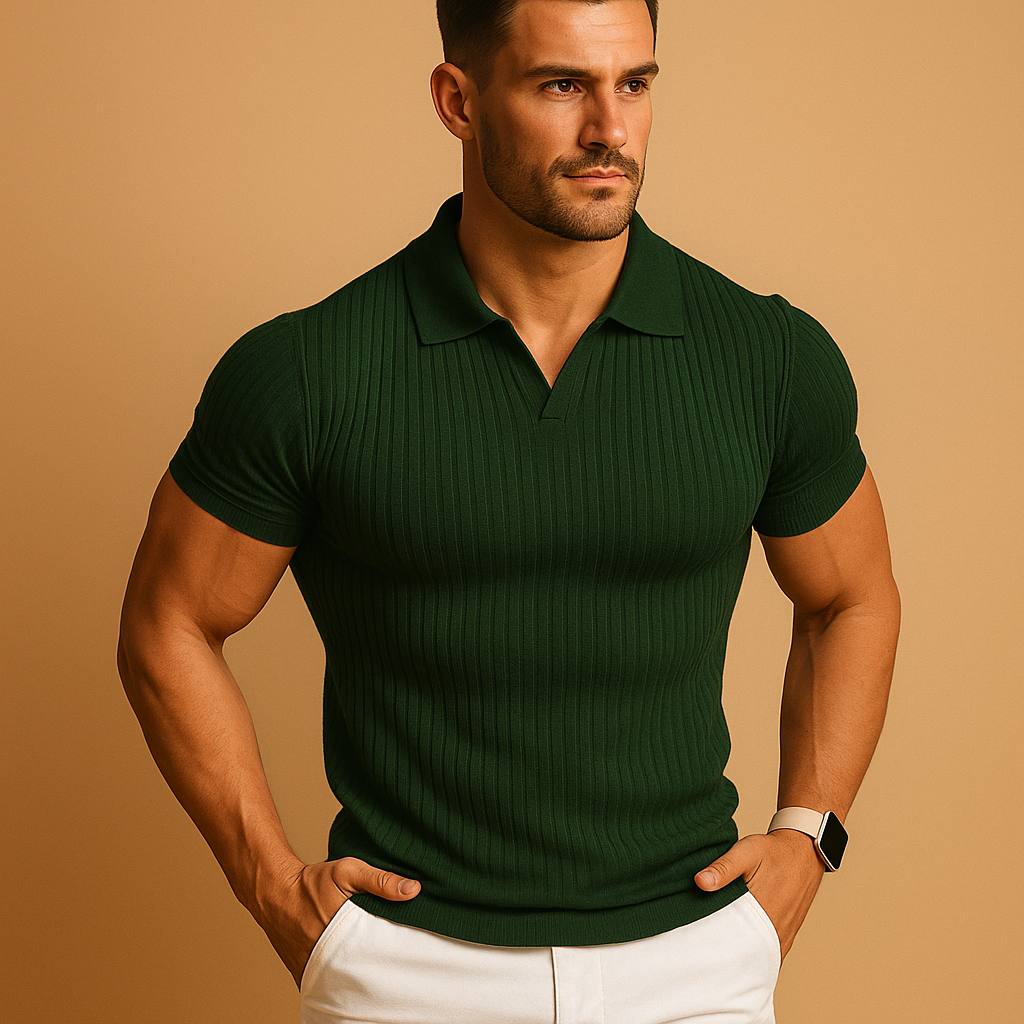 Heren Polo met Korte Mouw, Open V-hals en Slim Fit