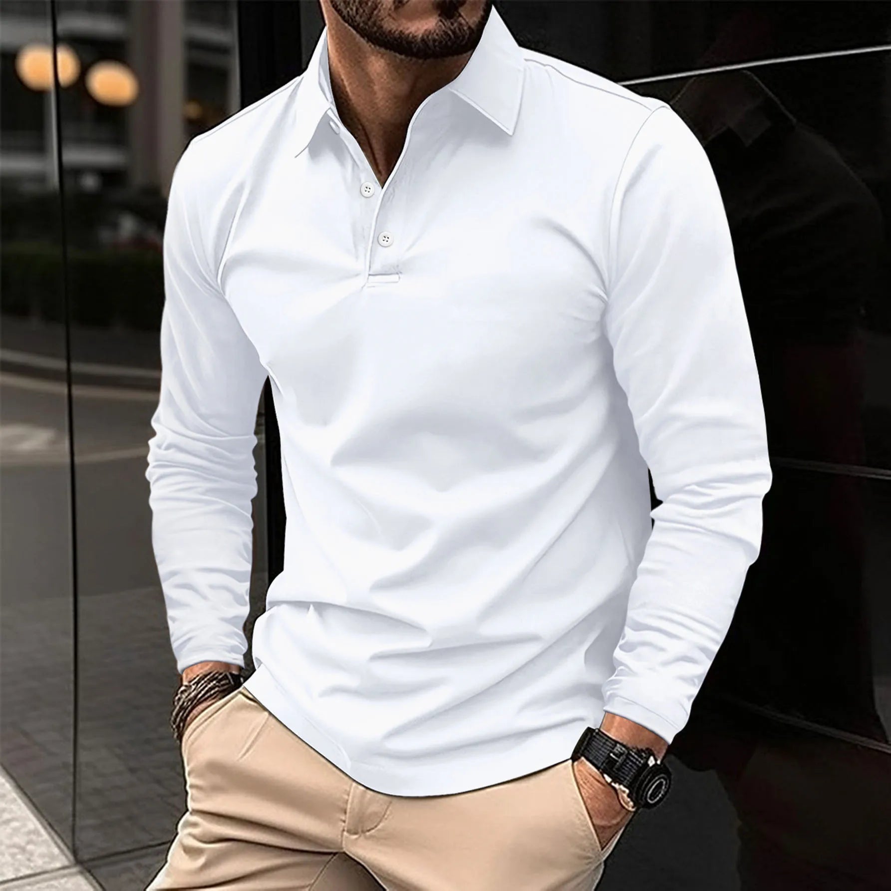 Heren Polo met Lange Mouwen en Klassieke Kraag Slim Fit Wit