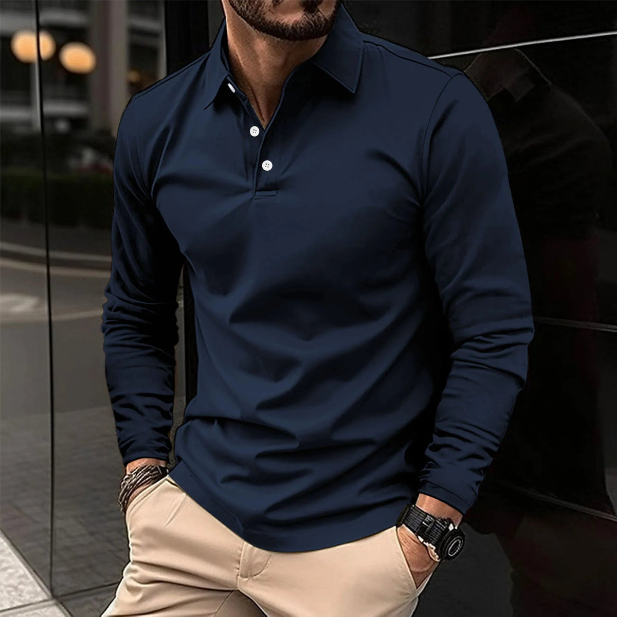 Heren Polo met Lange Mouwen en Klassieke Kraag Slim Fit Blauw