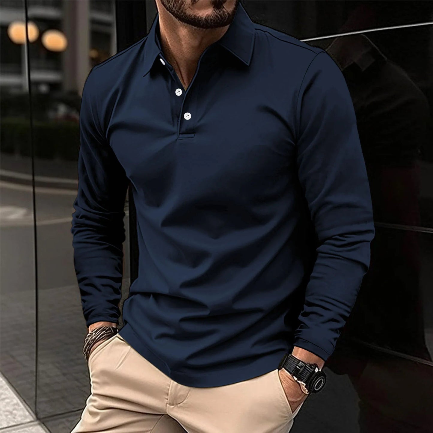 Heren Polo met Lange Mouwen en Klassieke Kraag Slim Fit Blauw