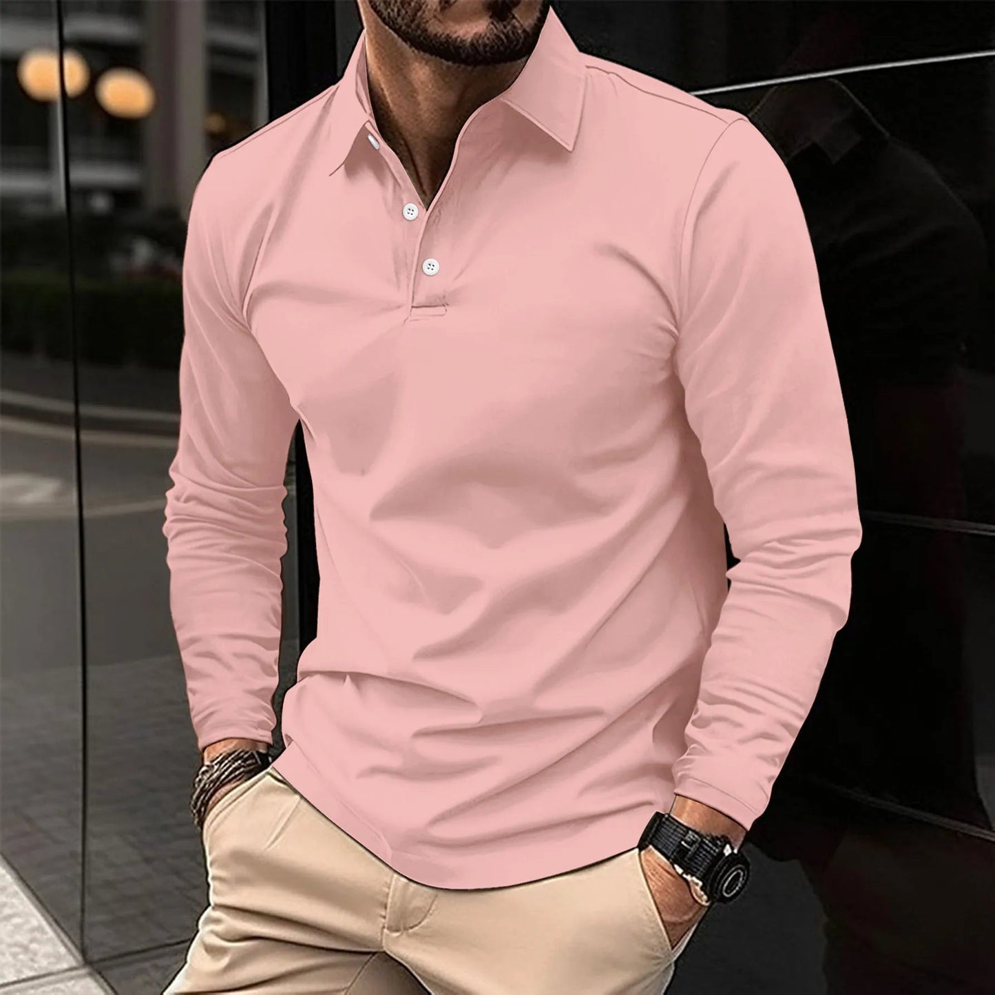 Heren Polo met Lange Mouwen en Klassieke Kraag Slim Fit Roze