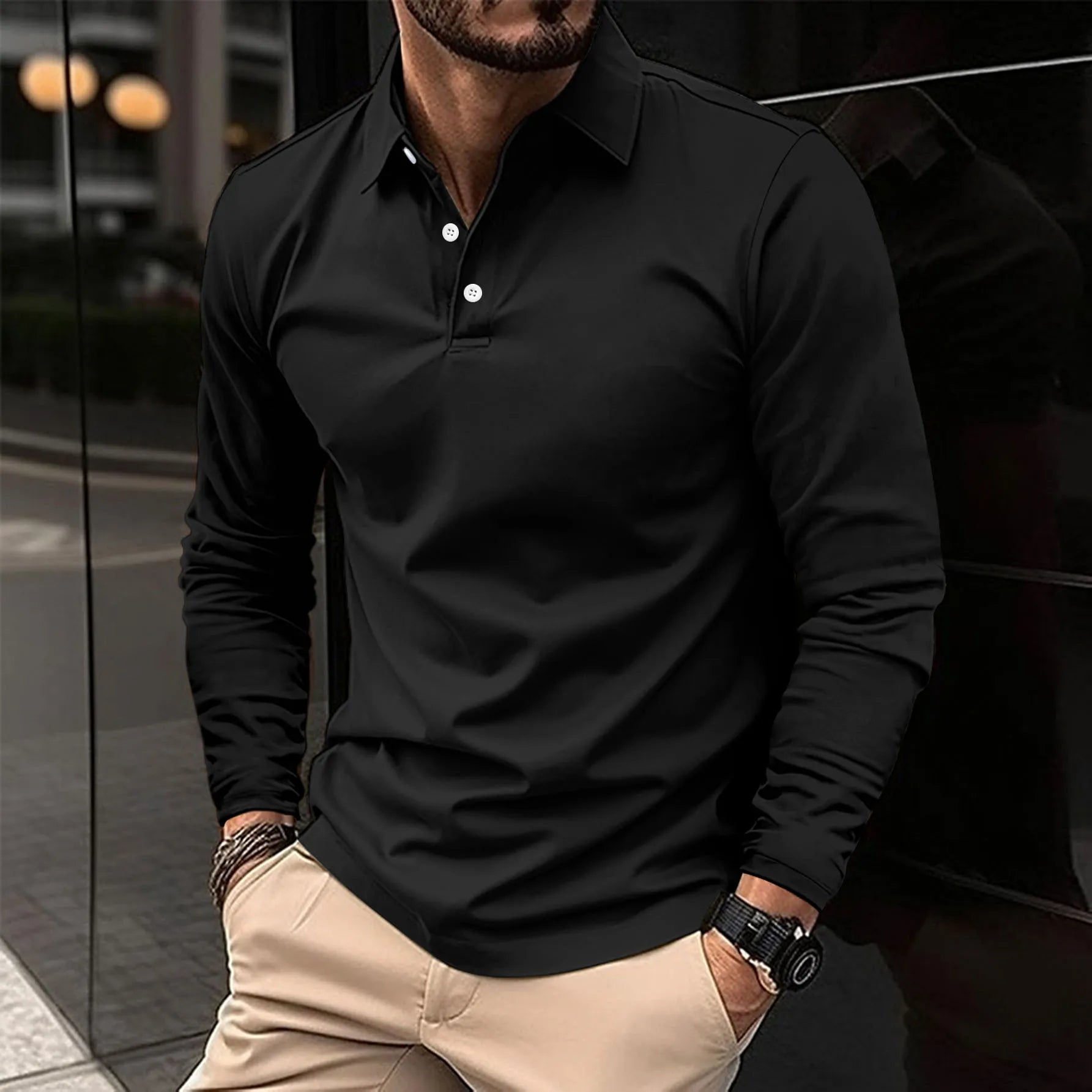 Heren Polo met Lange Mouwen en Klassieke Kraag Slim Fit Zwart