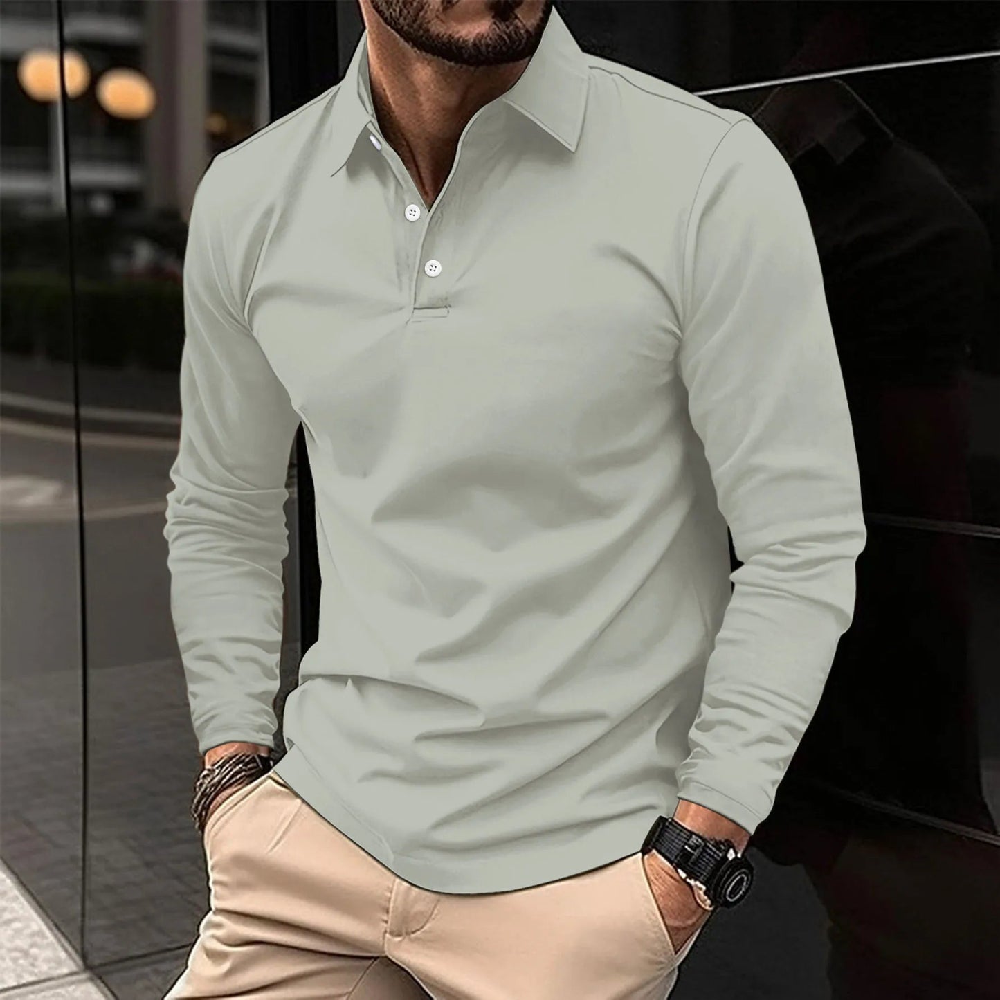 Heren Polo met Lange Mouwen en Klassieke Kraag Slim Fit Grijs
