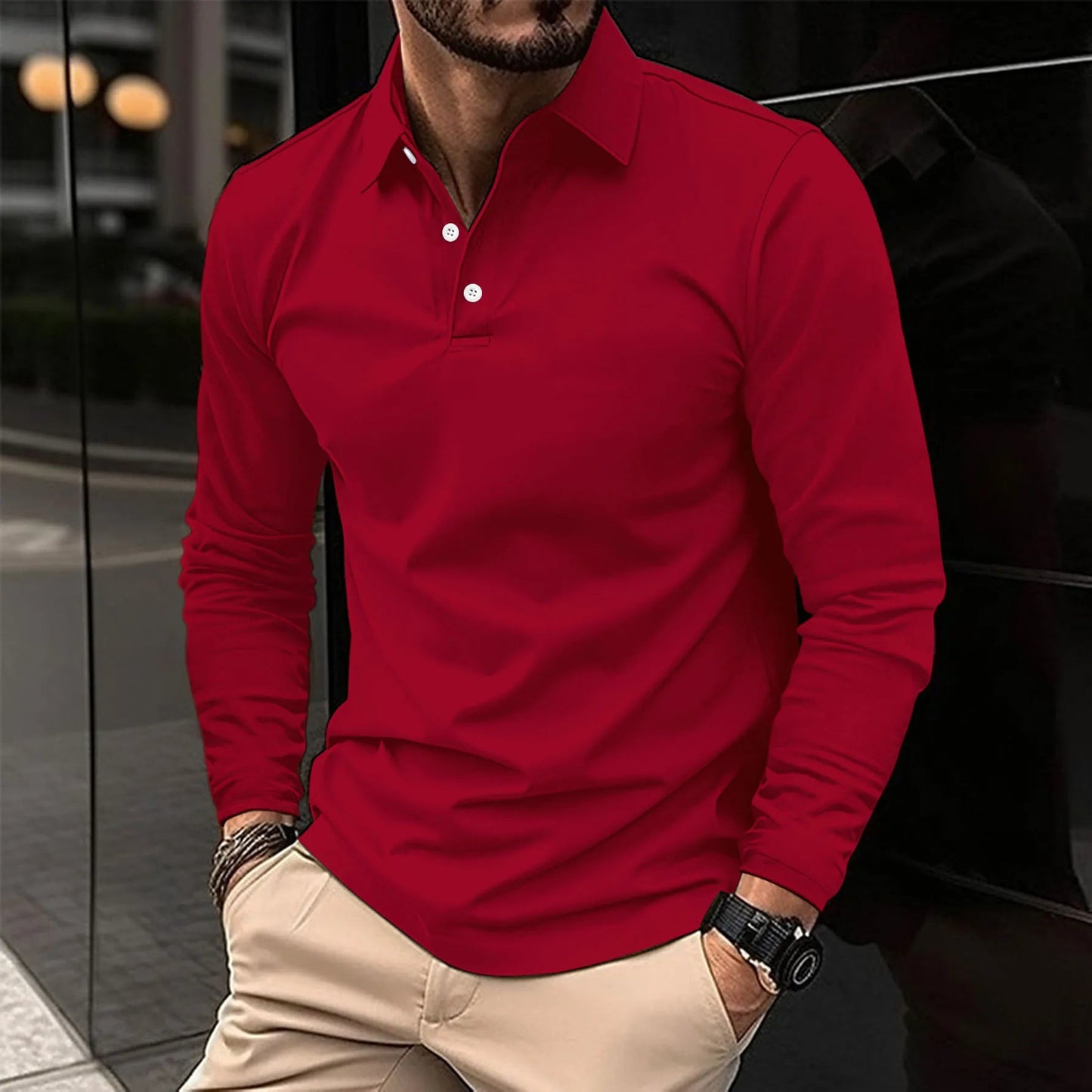 Heren Polo met Lange Mouwen en Klassieke Kraag Slim Fit Rood