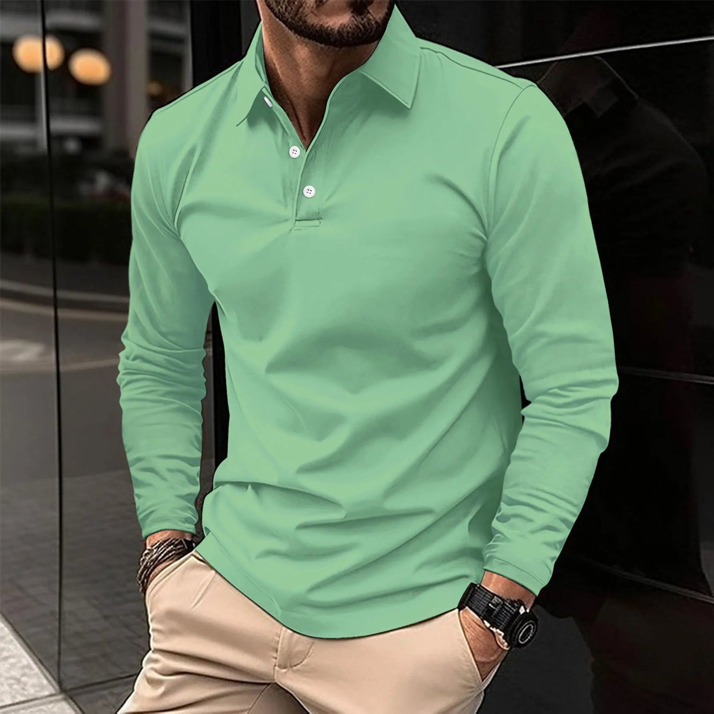 Heren Polo met Lange Mouwen en Klassieke Kraag Slim Fit Groen