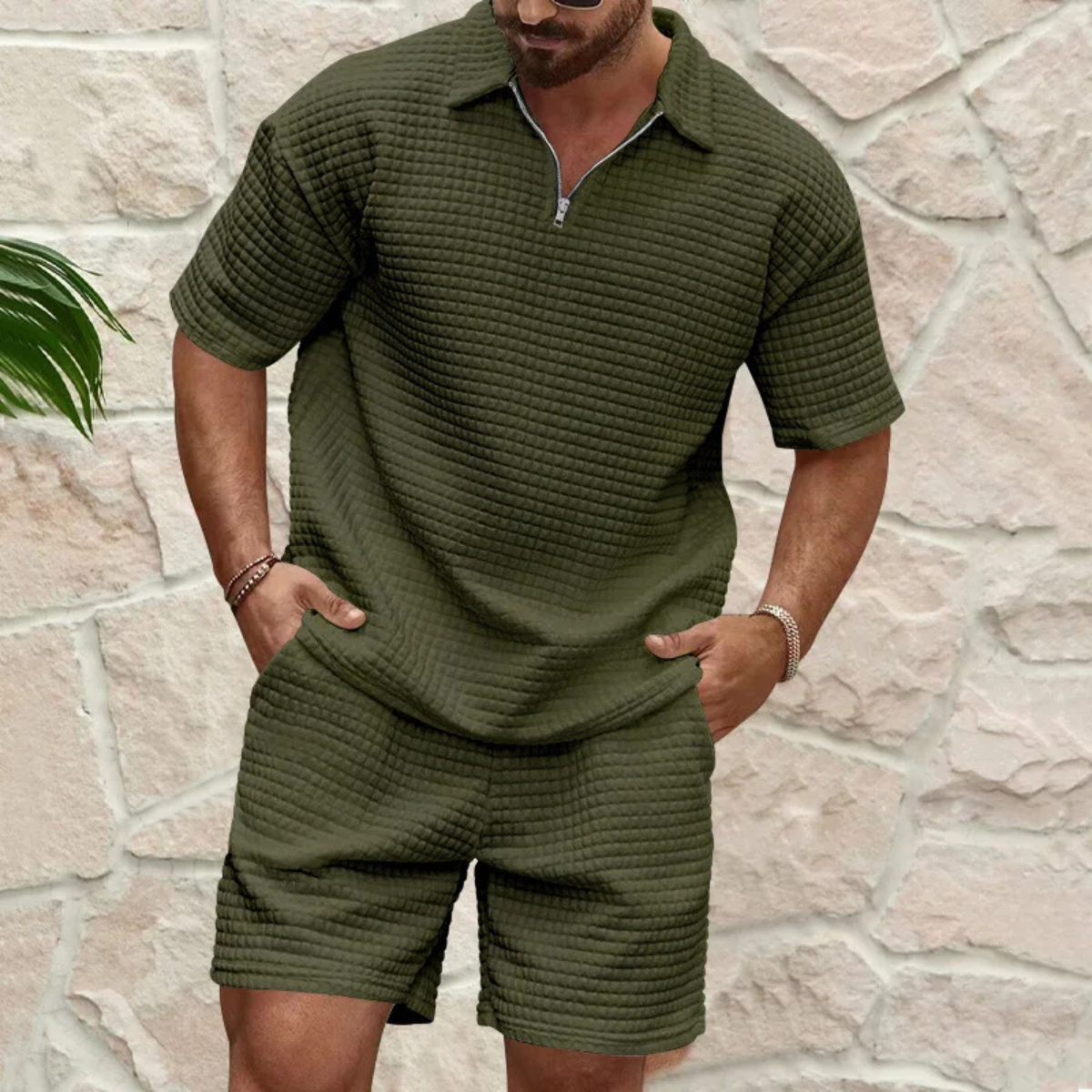 Heren Polo Shirt en Shorts Set met Korte Mouw en Ritskraag Legergroen