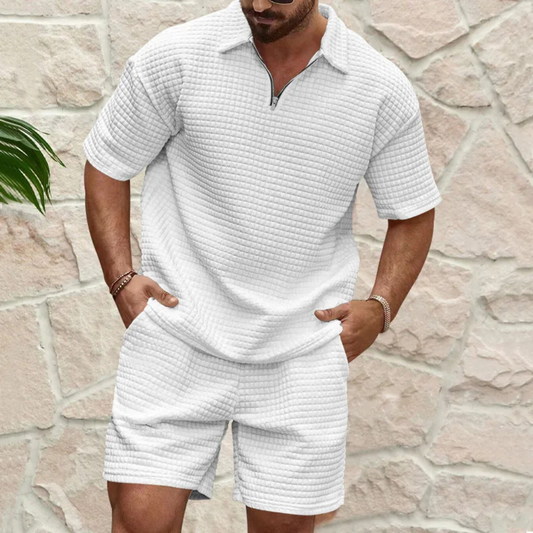 Heren Polo Shirt en Shorts Set met Korte Mouw en Ritskraag Wit