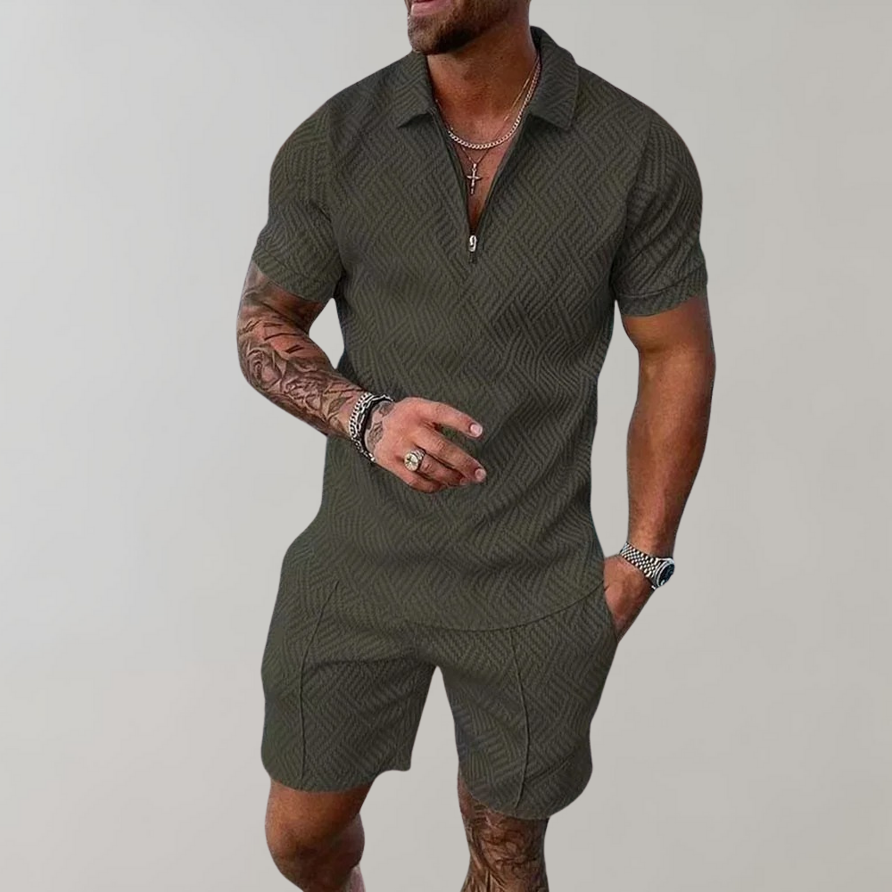 Heren Polo Short Sleeve Set met Ritssluiting en Shorts Groen