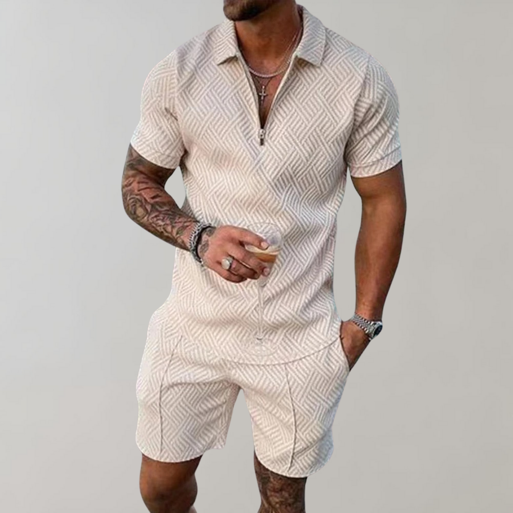 Heren Polo Short Sleeve Set met Ritssluiting en Shorts Beige