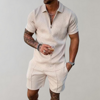 Heren Polo Short Sleeve Set met Ritssluiting en Shorts Beige