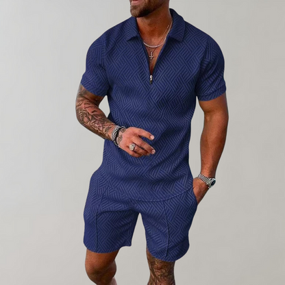 Heren Polo Short Sleeve Set met Ritssluiting en Shorts Marineblauw