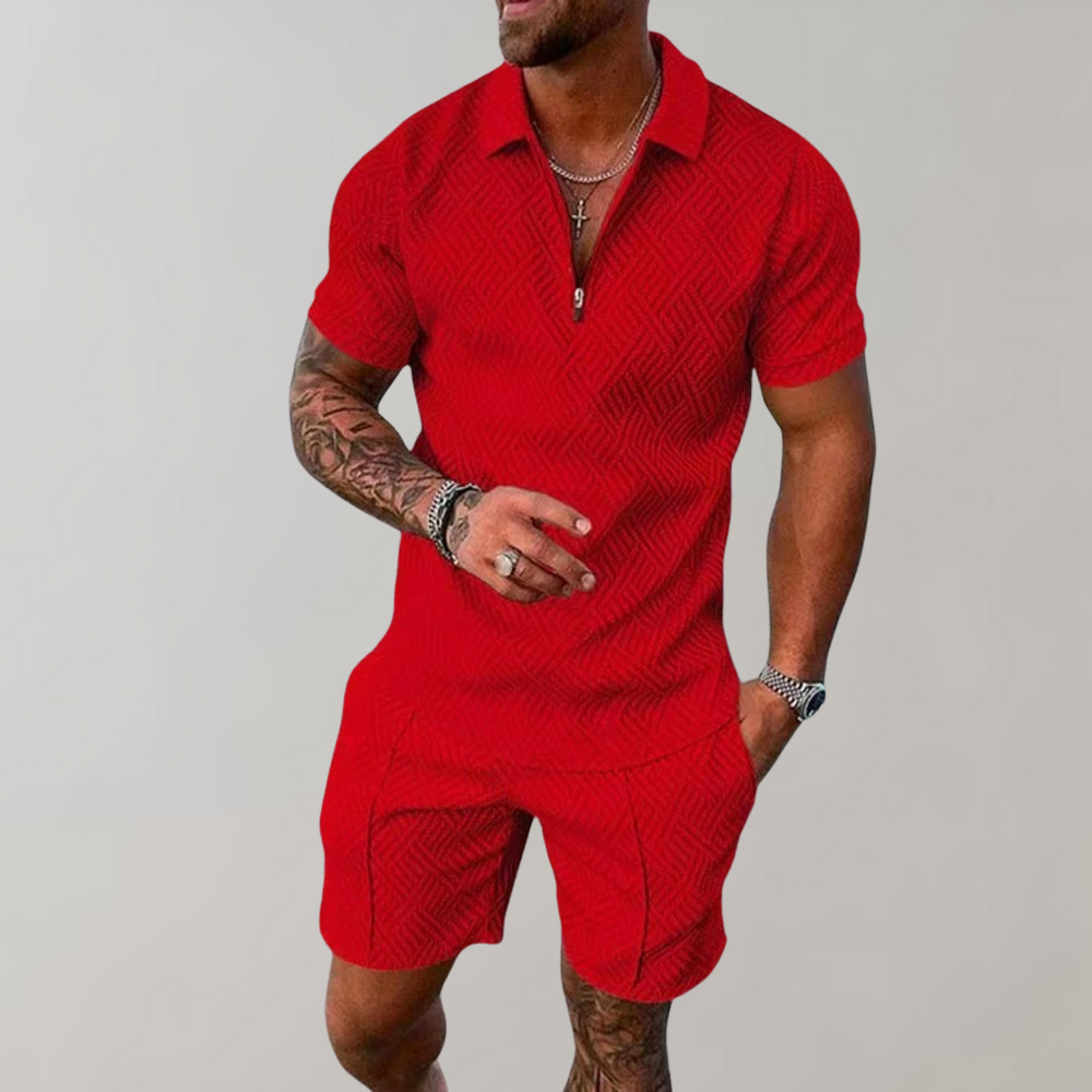 Heren Polo Short Sleeve Set met Ritssluiting en Shorts Rood