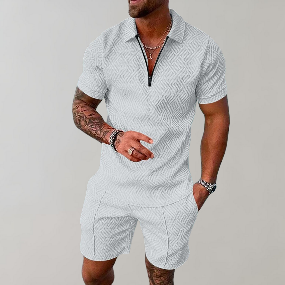 Heren Polo Short Sleeve Set met Ritssluiting en Shorts Wit