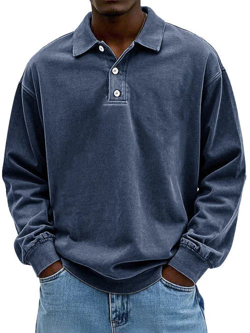 Heren Polo Sweatshirt Lange Mouw met Polokraag en Knoopsluiting Marineblauw
