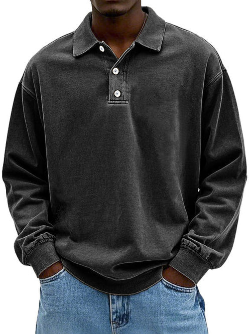 Heren Polo Sweatshirt Lange Mouw met Polokraag en Knoopsluiting Zwart