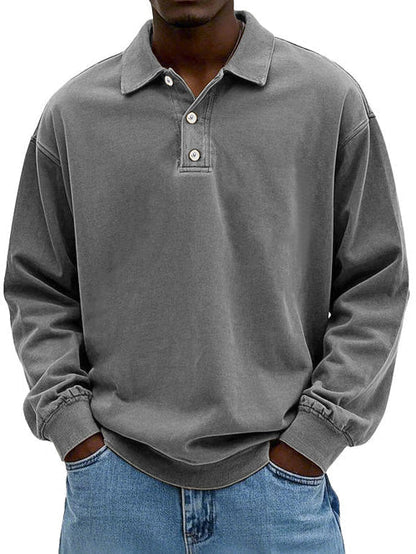 Heren Polo Sweatshirt Lange Mouw met Polokraag en Knoopsluiting Grijs