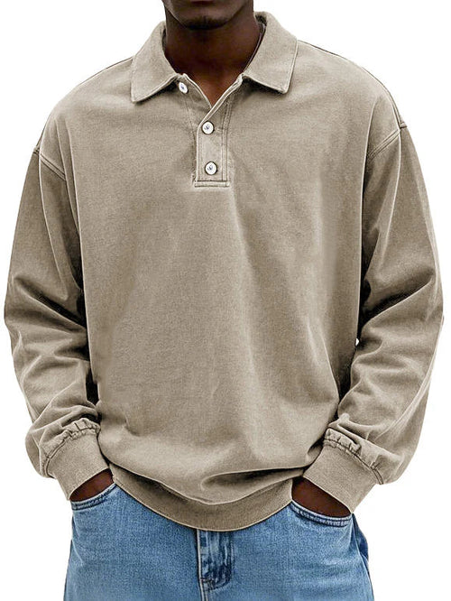 Heren Polo Sweatshirt Lange Mouw met Polokraag en Knoopsluiting Khaki
