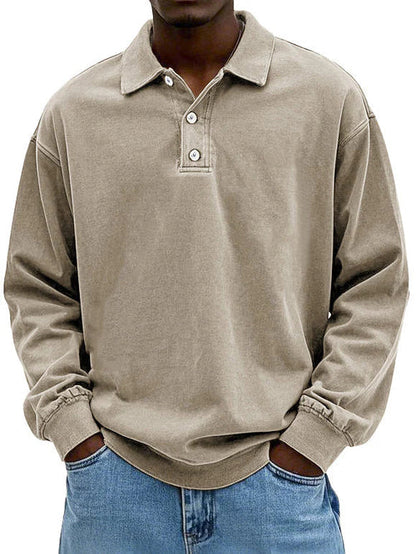 Heren Polo Sweatshirt Lange Mouw met Polokraag en Knoopsluiting Khaki