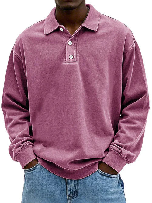 Heren Polo Sweatshirt Lange Mouw met Polokraag en Knoopsluiting Roze