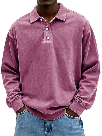 Heren Polo Sweatshirt Lange Mouw met Polokraag en Knoopsluiting Roze