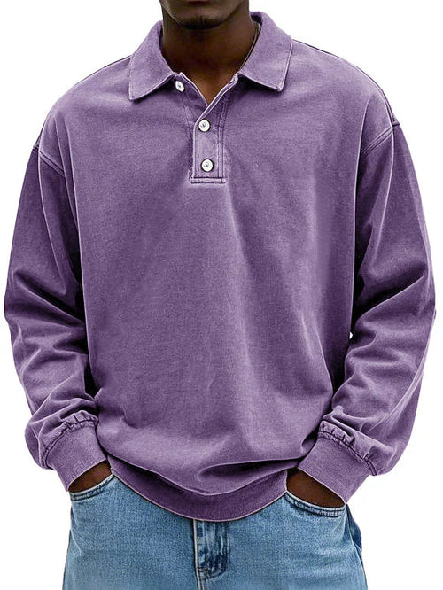 Heren Polo Sweatshirt Lange Mouw met Polokraag en Knoopsluiting Paars