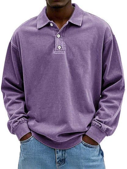Heren Polo Sweatshirt Lange Mouw met Polokraag en Knoopsluiting Paars