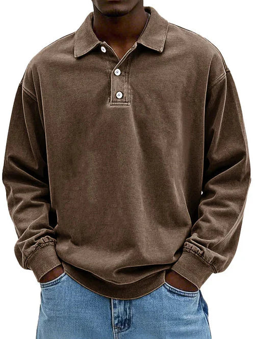 Heren Polo Sweatshirt Lange Mouw met Polokraag en Knoopsluiting Bruin