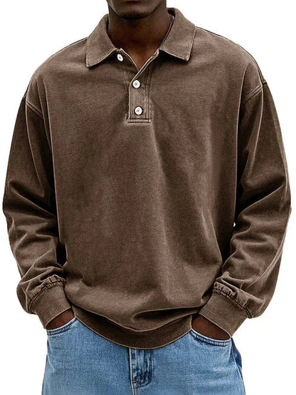 Heren Polo Sweatshirt Lange Mouw met Polokraag en Knoopsluiting Bruin