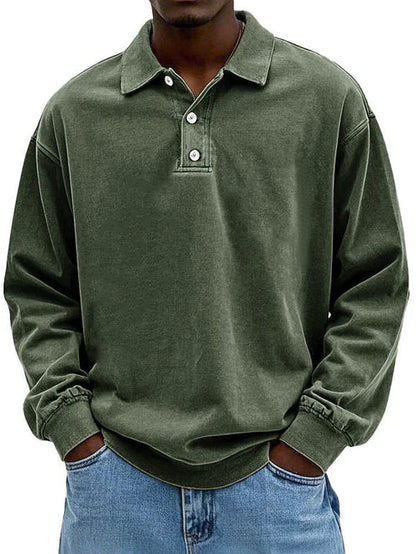 Heren Polo Sweatshirt Lange Mouw met Polokraag en Knoopsluiting Legergroen