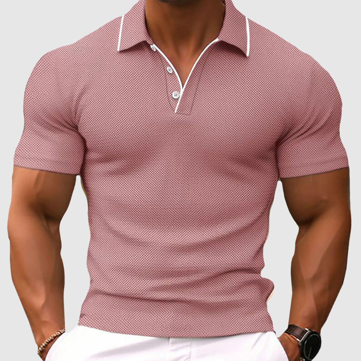 Heren Poloshirt met Contrast Kraag en Knoopplacket Roze