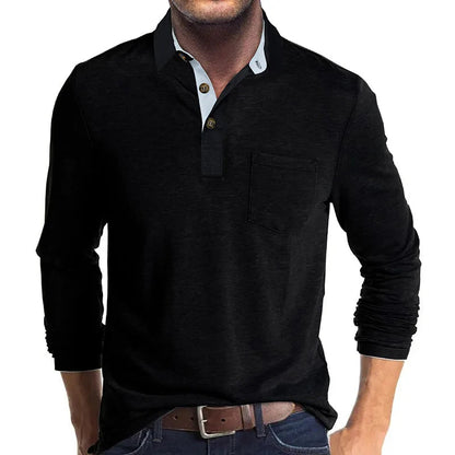 Heren Poloshirt met Lange Mouwen, Borstzak en Knoopsluiting