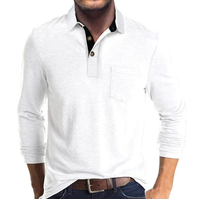 Heren Poloshirt met Lange Mouwen, Borstzak en Knoopsluiting