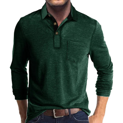 Heren Poloshirt met Lange Mouwen, Borstzak en Knoopsluiting