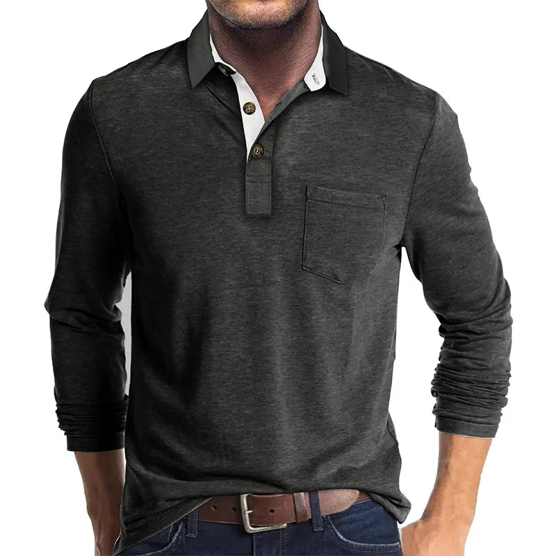 Heren Poloshirt met Lange Mouwen, Borstzak en Knoopsluiting