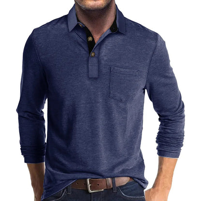 Heren Poloshirt met Lange Mouwen, Borstzak en Knoopsluiting