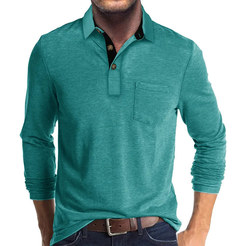Heren Poloshirt met Lange Mouwen, Borstzak en Knoopsluiting