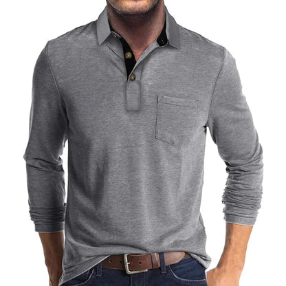 Heren Poloshirt met Lange Mouwen, Borstzak en Knoopsluiting
