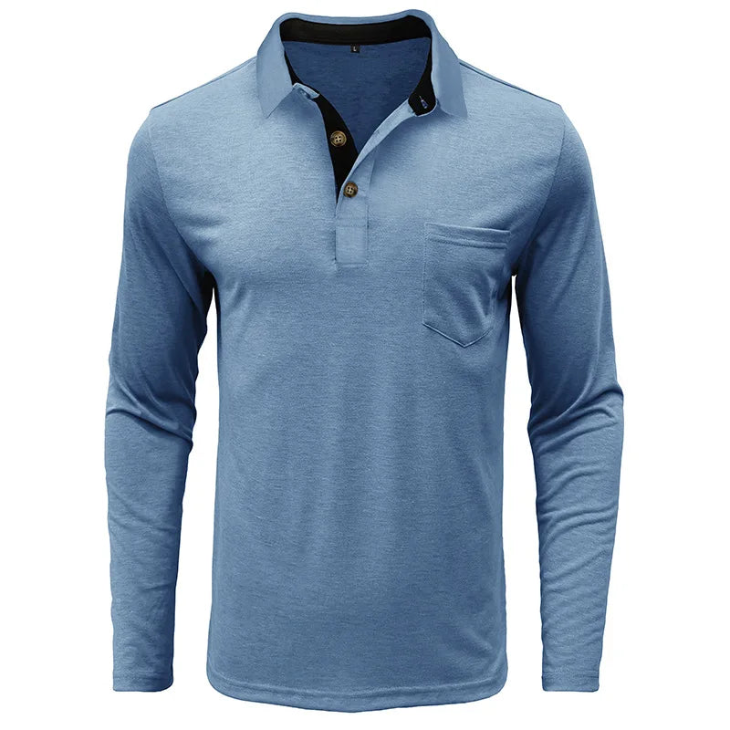 Heren Poloshirt met Lange Mouwen, Borstzak en Knoopsluiting