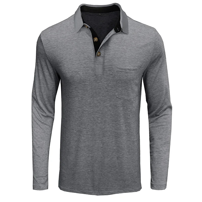Heren Poloshirt met Lange Mouwen, Borstzak en Knoopsluiting