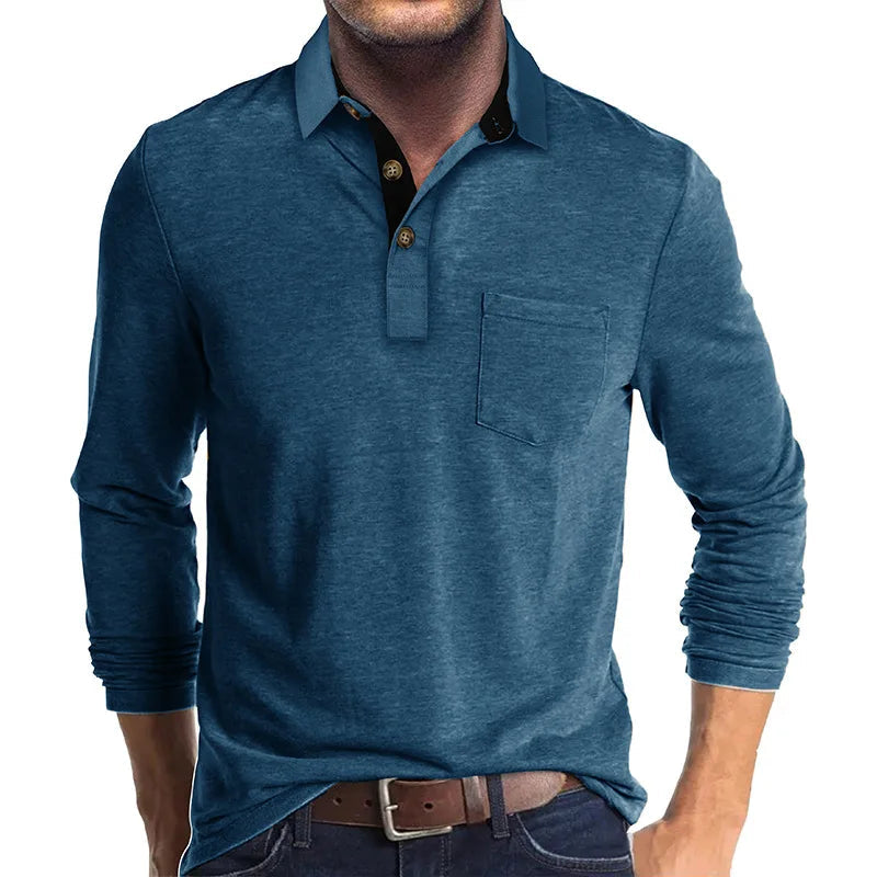 Heren Poloshirt met Lange Mouwen, Borstzak en Knoopsluiting