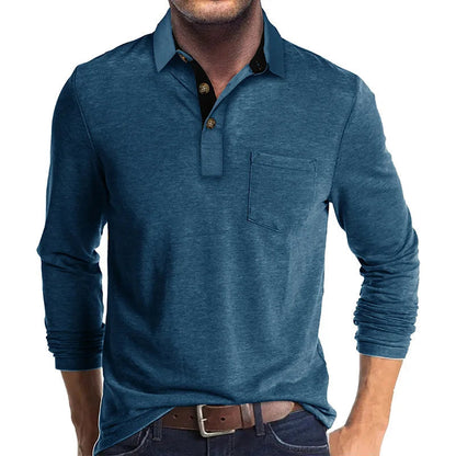 Heren Poloshirt met Lange Mouwen, Borstzak en Knoopsluiting